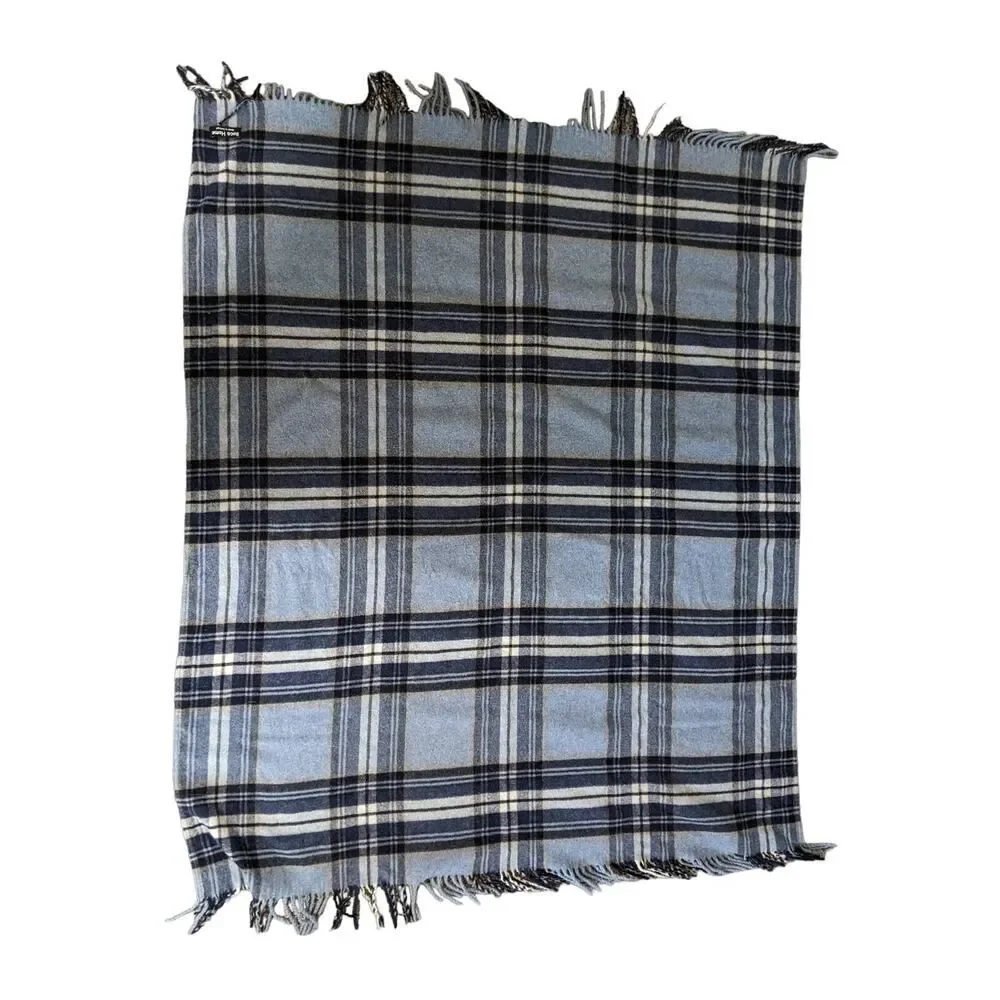 Lambs wool Roca Home Plaid Throw Blanket Blue Blend Fringe LN/NWOT